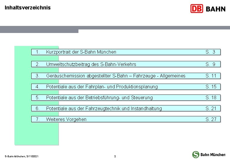 Inhaltsverzeichnis 1. Kurzportrait der S-Bahn München S. 3 2. Umweltschutzbeitrag des S-Bahn-Verkehrs S. 9