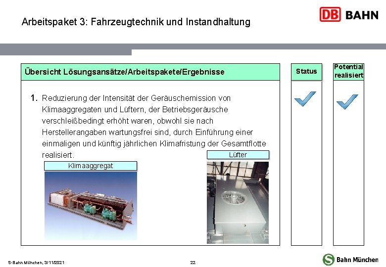 Arbeitspaket 3: Fahrzeugtechnik und Instandhaltung Übersicht Lösungsansätze/Arbeitspakete/Ergebnisse 1. Reduzierung der Intensität der Geräuschemission von