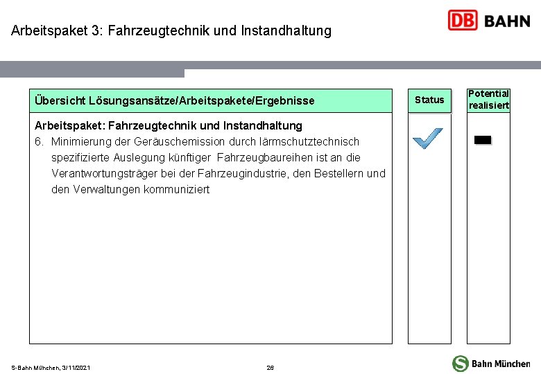 Arbeitspaket 3: Fahrzeugtechnik und Instandhaltung Übersicht Lösungsansätze/Arbeitspakete/Ergebnisse Arbeitspaket: Fahrzeugtechnik und Instandhaltung 6. Minimierung der