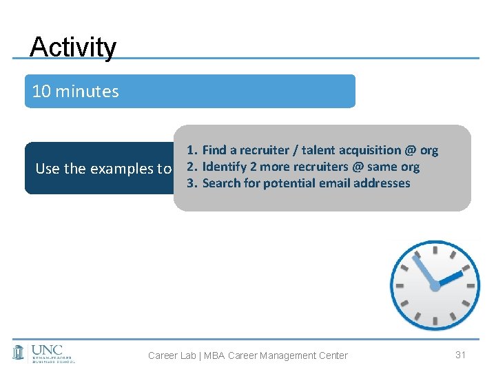Activity 10 minutes Use the examples to 1. Find a recruiter / talent acquisition