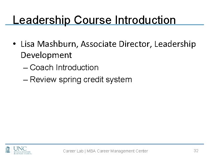 Leadership Course Introduction • Lisa Mashburn, Associate Director, Leadership Development – Coach Introduction –