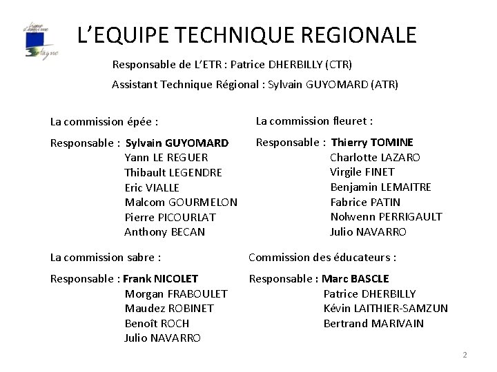 L’EQUIPE TECHNIQUE REGIONALE Responsable de L’ETR : Patrice DHERBILLY (CTR) Assistant Technique Régional :