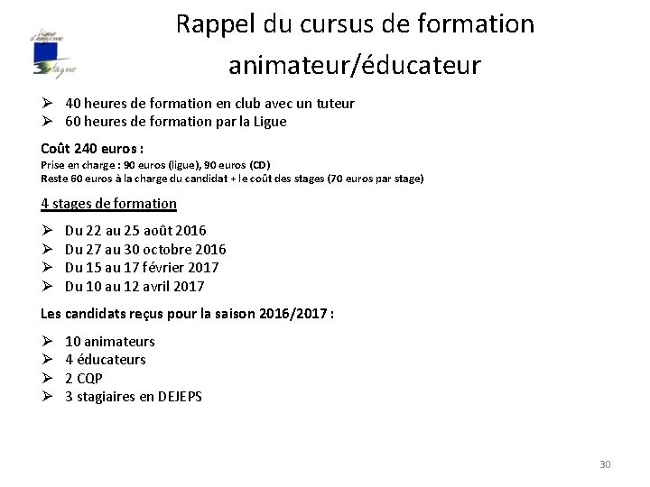 Rappel du cursus de formation animateur/éducateur Ø 40 heures de formation en club avec