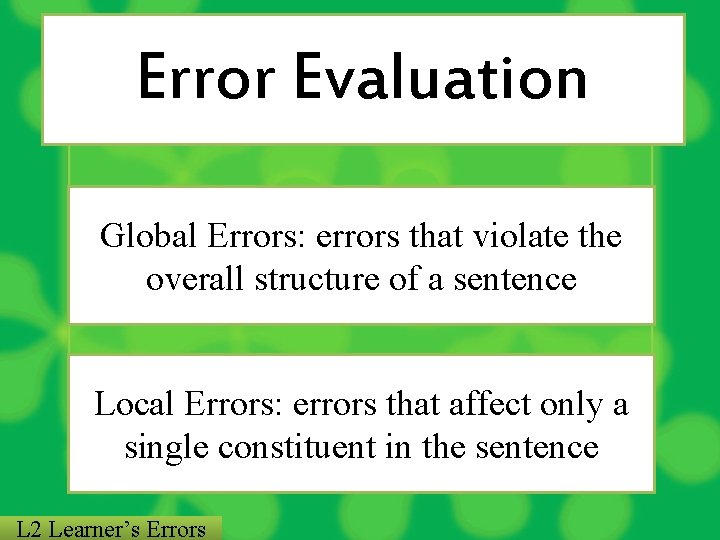 Error Evaluation Global Errors: errors that violate the overall structure of a sentence Local
