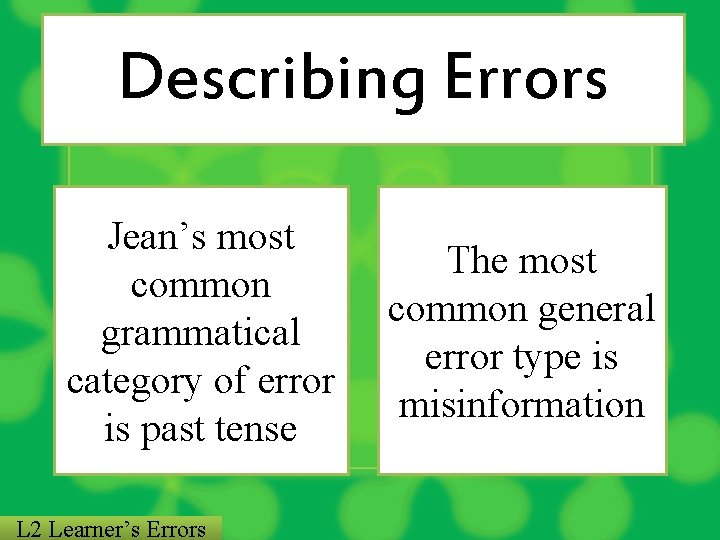 Describing Errors Jean’s most common grammatical category of error is past tense L 2