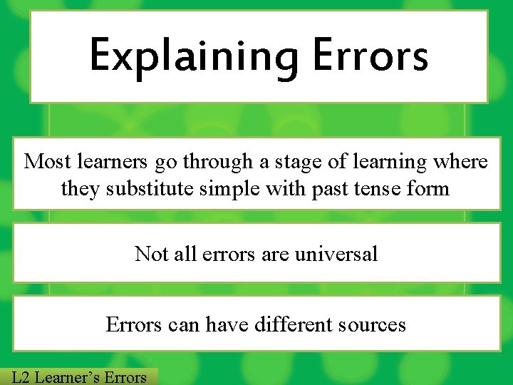 Explaining Errors Most learners go through a stage of learning where they substitute simple