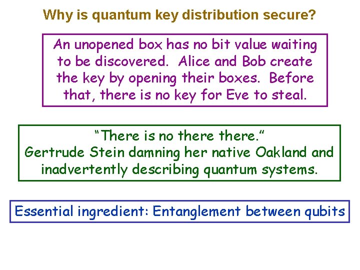 Why is quantum key distribution secure? An unopened box has no bit value waiting