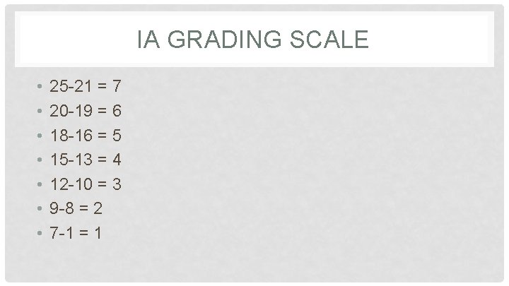 IA GRADING SCALE • • 25 -21 = 7 20 -19 = 6 18