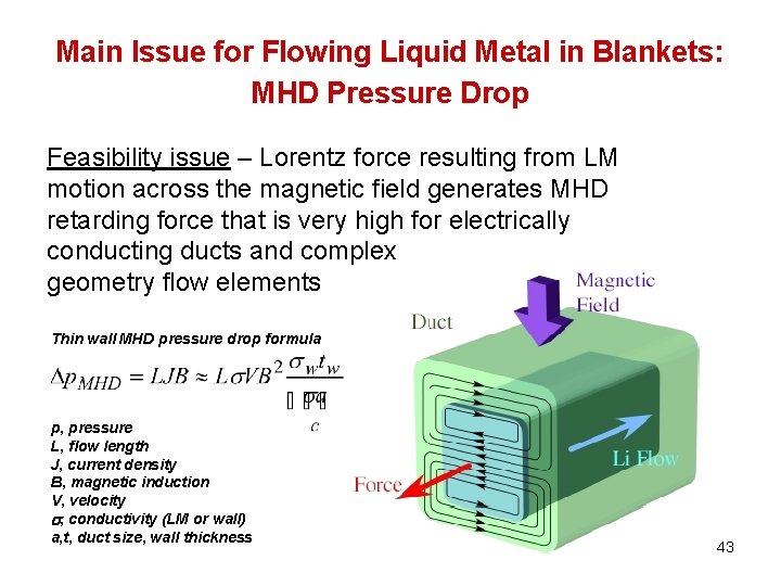 Main Issue for Flowing Liquid Metal in Blankets: MHD Pressure Drop Feasibility issue –