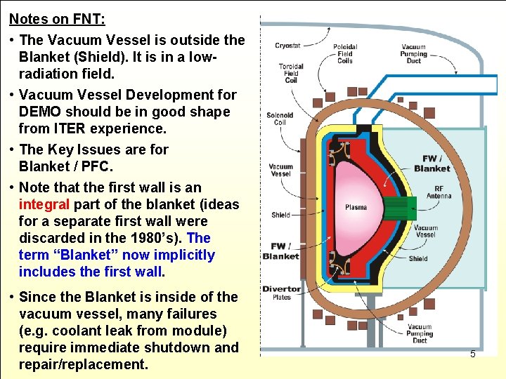 Notes on FNT: • The Vacuum Vessel is outside the Blanket (Shield). It is