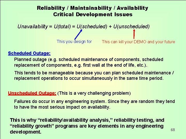 Reliability / Maintainability / Availability Critical Development Issues Unavailability = U(total) = U(scheduled) +