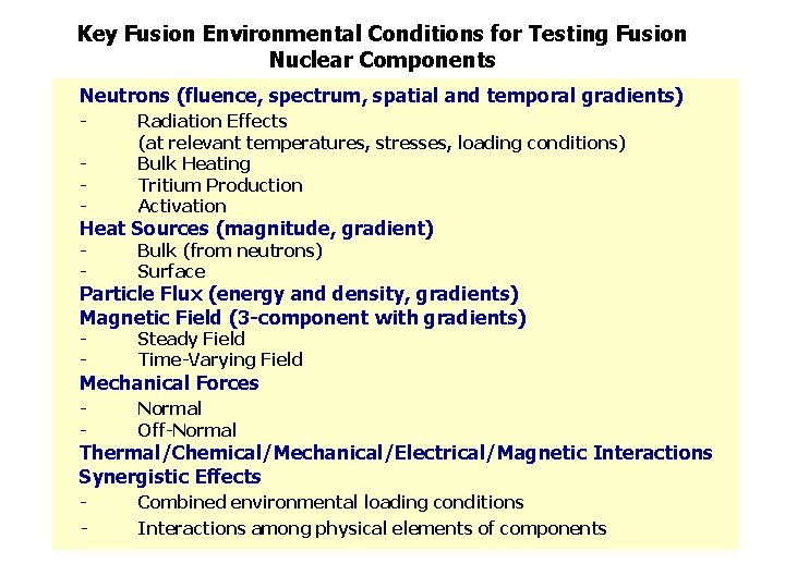 Key Fusion Environmental Conditions for Testing Fusion Nuclear Components Neutrons (fluence, spectrum, spatial and