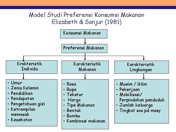 Model Studi Preferensi Konsumsi Makanan Elizabeth & Sanjur (1981) Konsumsi Makanan Preferensi Makanan Krakteristik
