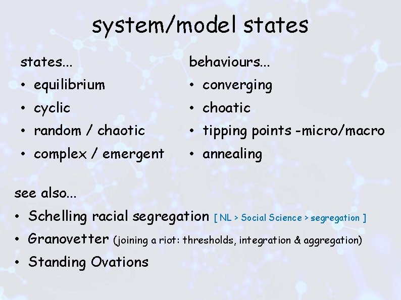 system/model states. . . behaviours. . . • equilibrium • converging • cyclic •