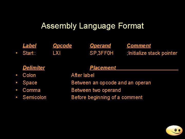Assembly Language Format Label • Start : • • Delimiter Colon Space Comma Semicolon