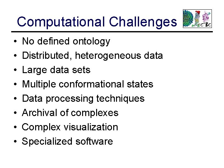 Computational Challenges • • No defined ontology Distributed, heterogeneous data Large data sets Multiple