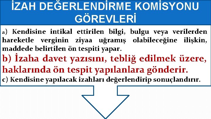 İZAH DEĞERLENDİRME KOMİSYONU GÖREVLERİ a) Kendisine intikal ettirilen bilgi, bulgu veya verilerden hareketle verginin