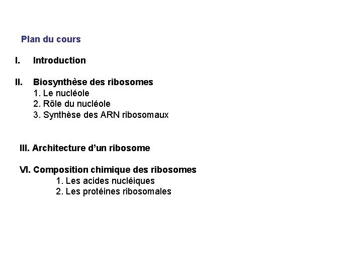 Plan du cours I. Introduction II. Biosynthèse des ribosomes 1. Le nucléole 2. Rôle