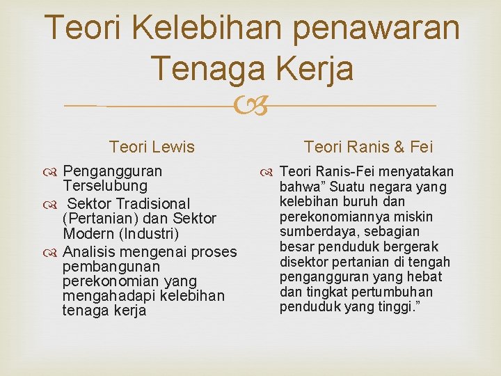 Teori Kelebihan penawaran Tenaga Kerja Teori Lewis Pengangguran Terselubung Sektor Tradisional (Pertanian) dan Sektor