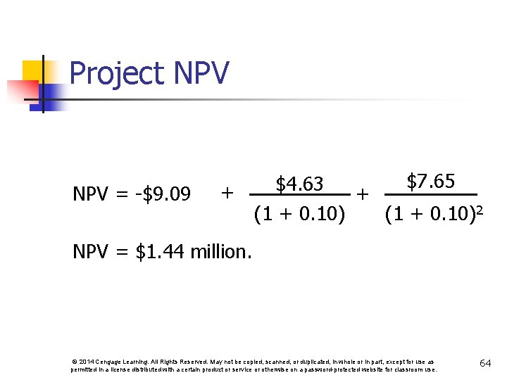 Project NPV = -$9. 09 $7. 65 $4. 63 + + (1 + 0.