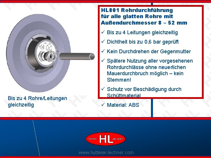 HL 801 Rohrdurchführung für alle glatten Rohre mit Außendurchmesser 8 – 52 mm ü