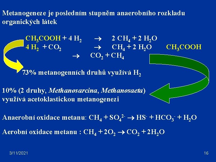 Metanogeneze je posledním stupněm anaerobního rozkladu organických látek CH 3 COOH + 4 H