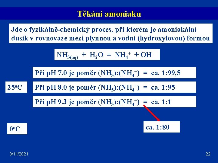 Těkání amoniaku Jde o fyzikálně-chemický proces, při kterém je amoniakální dusík v rovnováze mezi