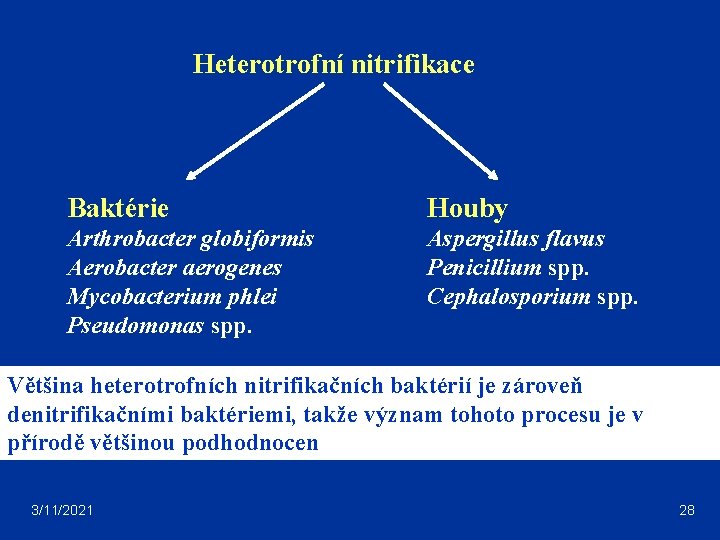 Heterotrofní nitrifikace Baktérie Houby Arthrobacter globiformis Aerobacter aerogenes Mycobacterium phlei Pseudomonas spp. Aspergillus flavus