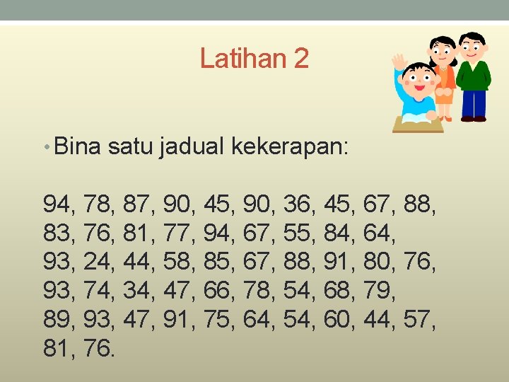 Latihan 2 • Bina satu jadual kekerapan: 94, 78, 87, 90, 45, 90, 36,