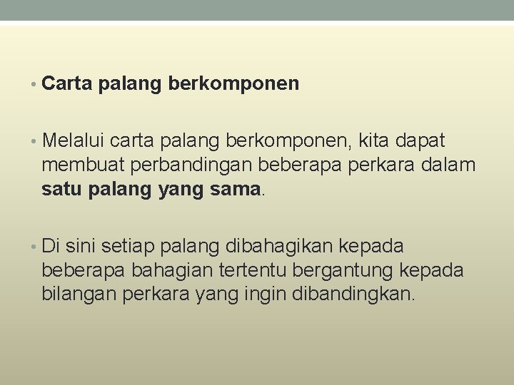  • Carta palang berkomponen • Melalui carta palang berkomponen, kita dapat membuat perbandingan