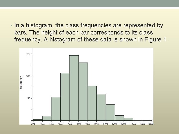  • In a histogram, the class frequencies are represented by bars. The height