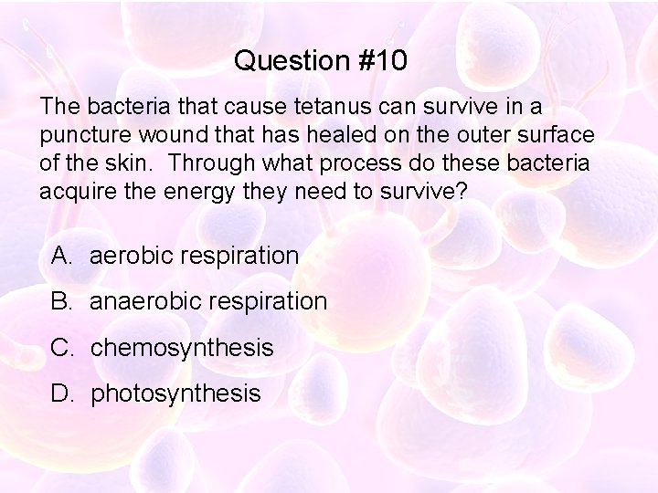 Question #10 The bacteria that cause tetanus can survive in a puncture wound that