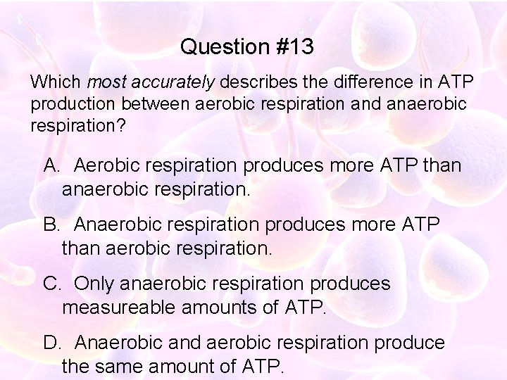 Question #13 Which most accurately describes the difference in ATP production between aerobic respiration