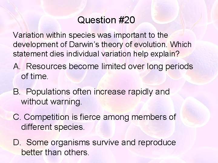 Question #20 Variation within species was important to the development of Darwin’s theory of
