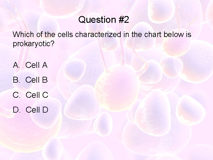 Question #2 Which of the cells characterized in the chart below is prokaryotic? A.