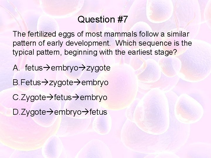 Question #7 The fertilized eggs of most mammals follow a similar pattern of early