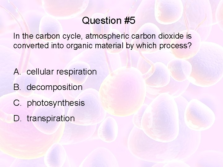 Question #5 In the carbon cycle, atmospheric carbon dioxide is converted into organic material
