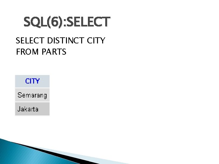 SQL(6): SELECT DISTINCT CITY FROM PARTS 