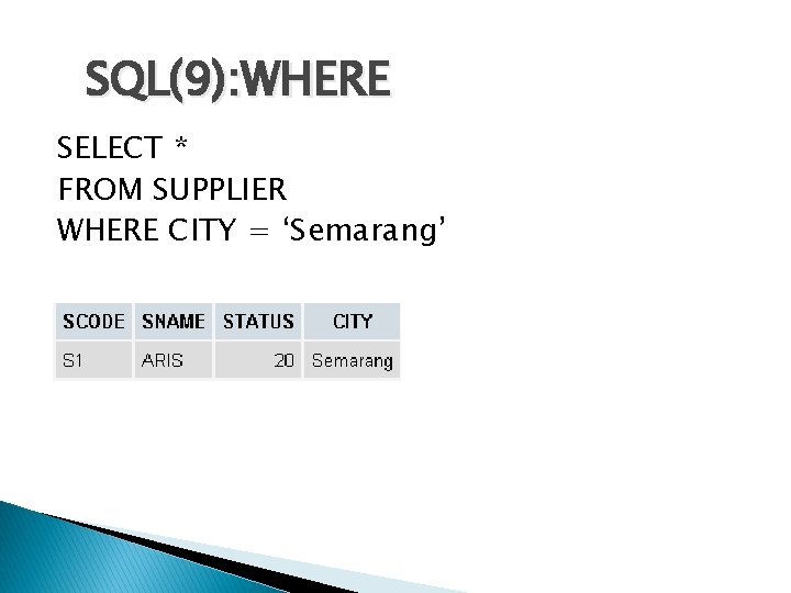 SQL(9): WHERE SELECT * FROM SUPPLIER WHERE CITY = ‘Semarang’ 