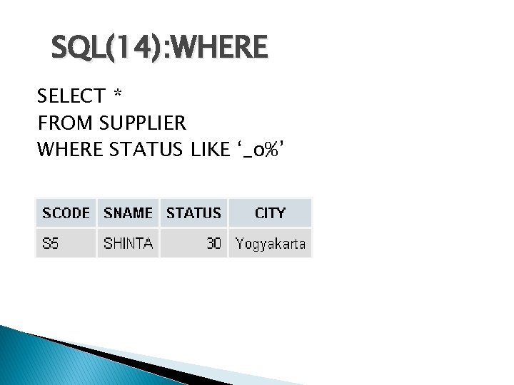 SQL(14): WHERE SELECT * FROM SUPPLIER WHERE STATUS LIKE ‘_o%’ 