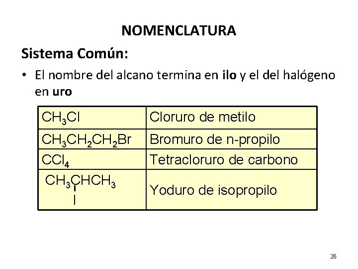 NOMENCLATURA Sistema Común: • El nombre del alcano termina en ilo y el del