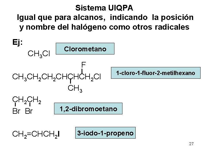 Sistema UIQPA Igual que para alcanos, indicando la posición y nombre del halógeno como