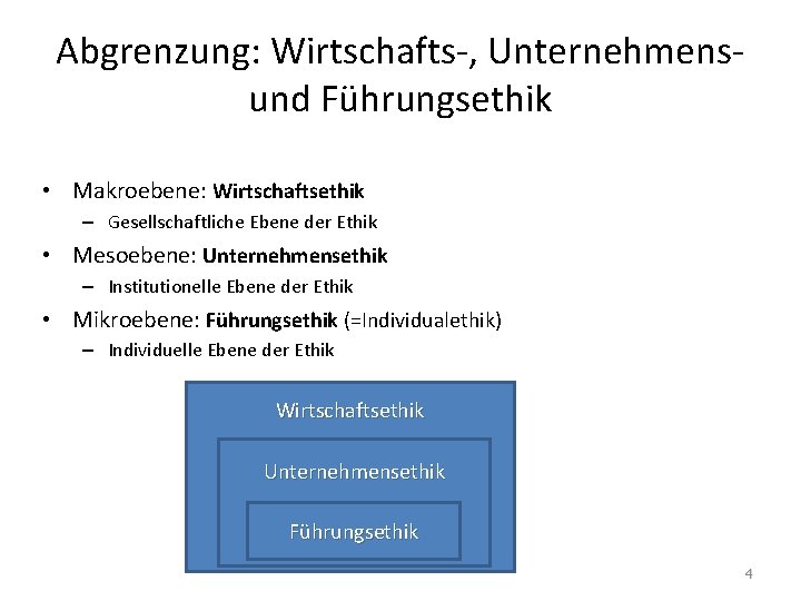 Abgrenzung: Wirtschafts-, Unternehmensund Führungsethik • Makroebene: Wirtschaftsethik – Gesellschaftliche Ebene der Ethik • Mesoebene: