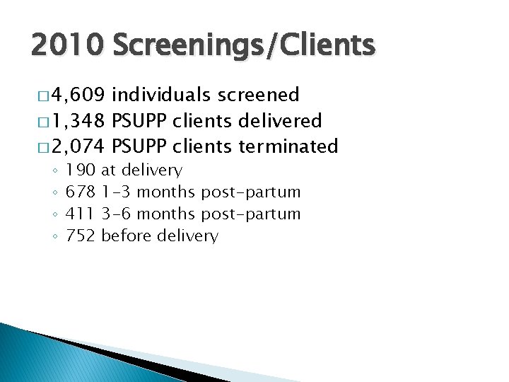 2010 Screenings/Clients � 4, 609 individuals screened � 1, 348 PSUPP clients delivered �