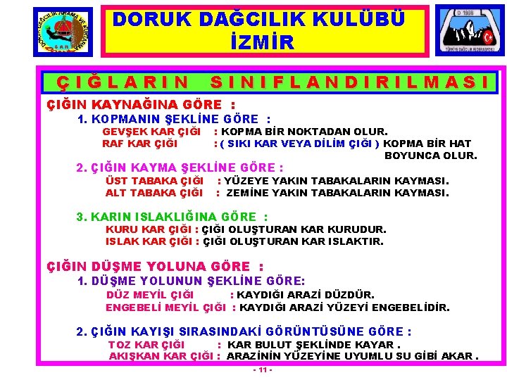 DORUK DAĞCILIK KULÜBÜ İZMİR ÇIĞLARIN SINIFLANDIRILMASI ÇIĞIN KAYNAĞINA GÖRE : 1. KOPMANIN ŞEKLİNE GÖRE