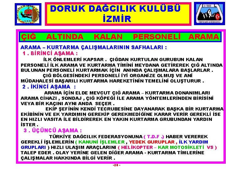 DORUK DAĞCILIK KULÜBÜ İZMİR ÇIĞ ALTINDA KALAN PERSONELİ ARAMA – KURTARMA ÇALIŞMALARININ SAFHALARI :