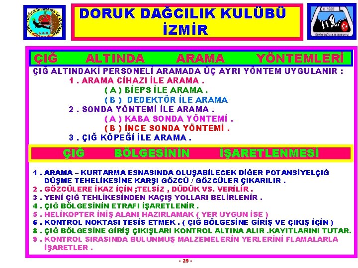 DORUK DAĞCILIK KULÜBÜ İZMİR ÇIĞ ALTINDA ARAMA YÖNTEMLERİ ÇIĞ ALTINDAKİ PERSONELİ ARAMADA ÜÇ AYRI