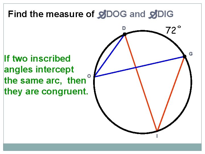 Find the measure of DOG and DIG 72˚ D G If two inscribed angles