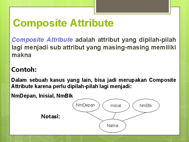 Composite Attribute adalah attribut yang dipilah-pilah lagi menjadi sub attribut yang masing-masing memiliki makna Composite Attribute adalah attribut yang dipilah-pilah lagi menjadi sub attribut yang masing-masing memiliki makna