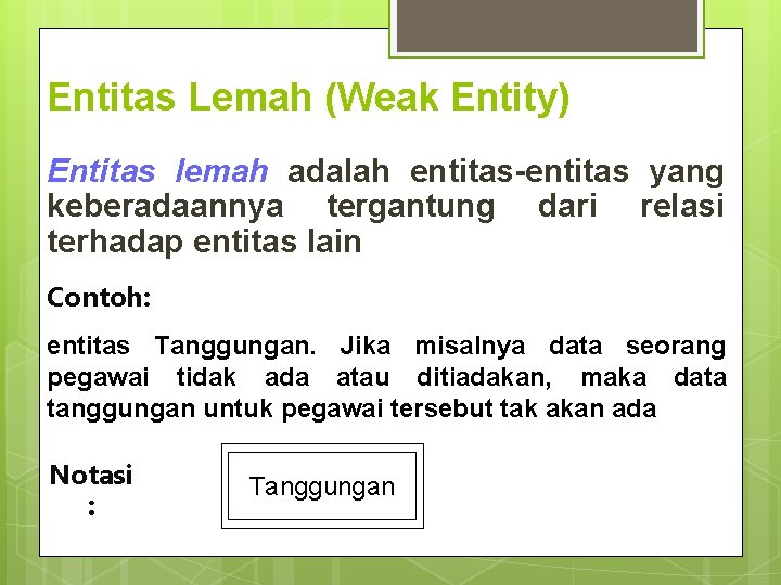 Entitas Lemah (Weak Entity) Entitas lemah adalah entitas-entitas yang keberadaannya tergantung dari relasi terhadap Entitas Lemah (Weak Entity) Entitas lemah adalah entitas-entitas yang keberadaannya tergantung dari relasi terhadap